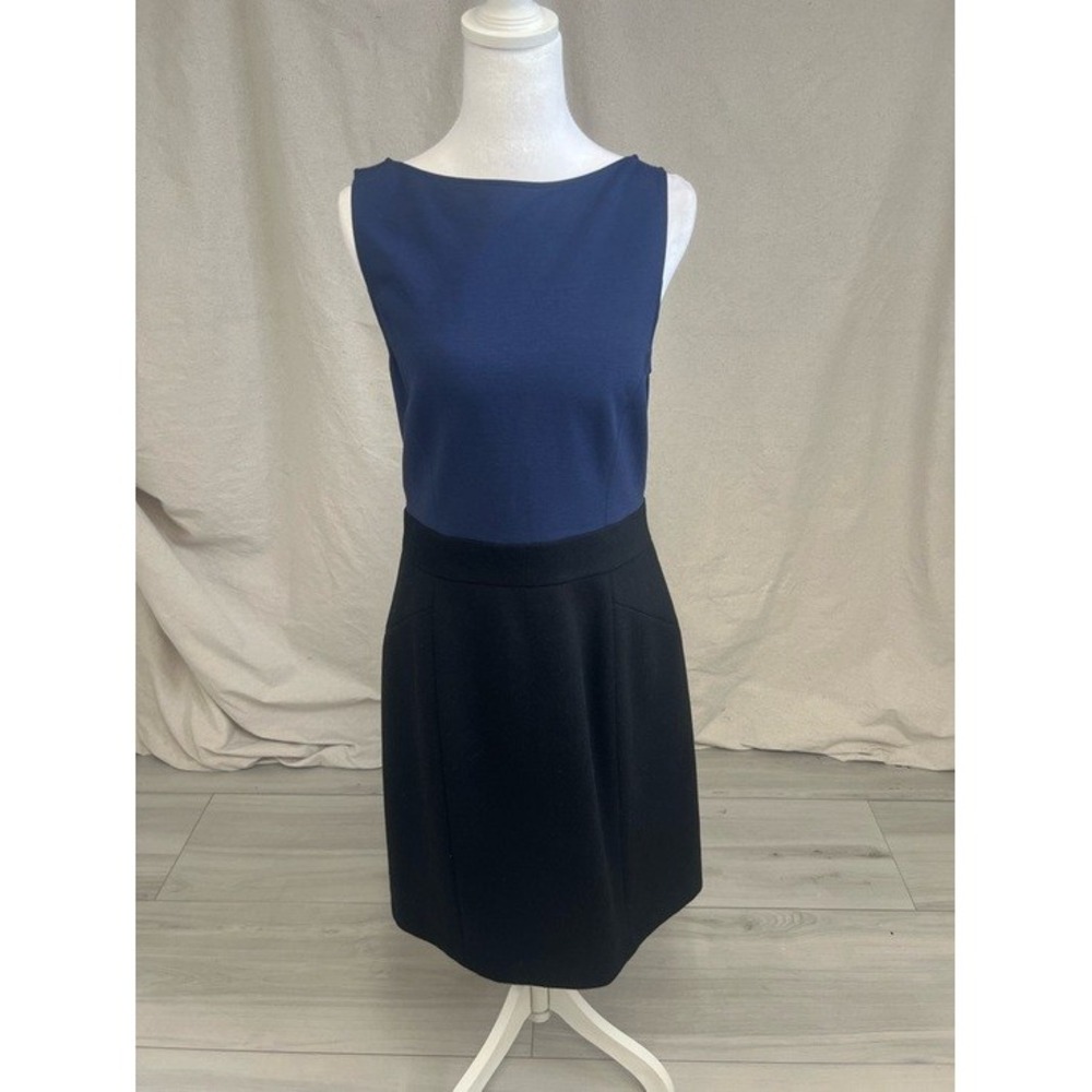 Theory Wool Colorblock Sheath Dress Navy Black Sz 10 Sleeveless Minimalist